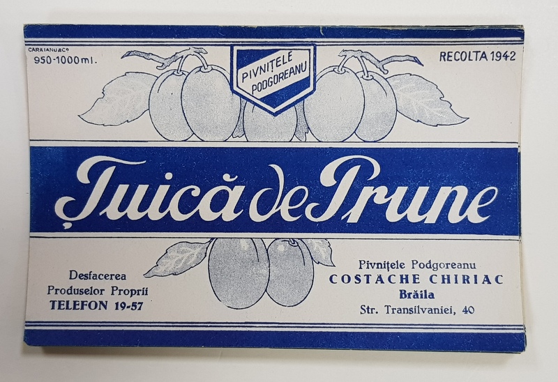 TUICA DE PRUNE , ETICHETA PENTRU STICLA , 1942