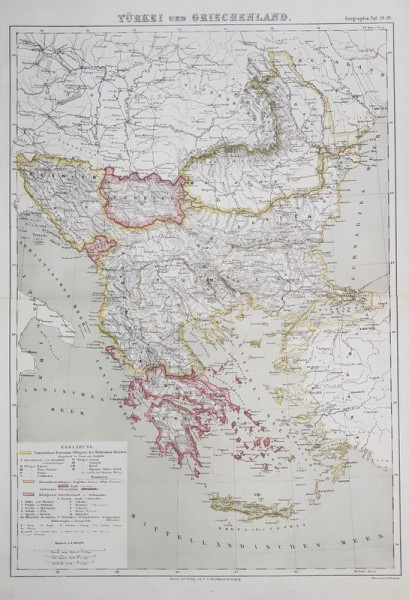 TURCIA SI GRECIA , HARTA ADMINISTRATIVA , GRAVURA COLOR , SCARA 1/ 4.000.000 , DENUMIRILE IN LIMBA GERMANA , MIJLOCUL SEC. XIX