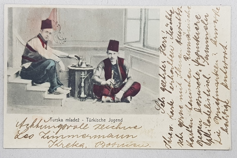 TURKISCHE JUGEND  ( TINERI TURCI ) , CARTE POSTALA ILUSTRATA , POLICROMA , CIRCULATA , INCEPUT  DE SECOL XX