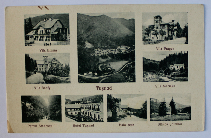 TUSNAD , COLAJ DE IMAGINI DIN LOCALITATE , CARTE POSTALA ILUSTRATA , FOTOGRAF OSCAR ADLER , BRASOV , MONOCROMA , NECIRCULATA , INCEPUT DE SECOL XX