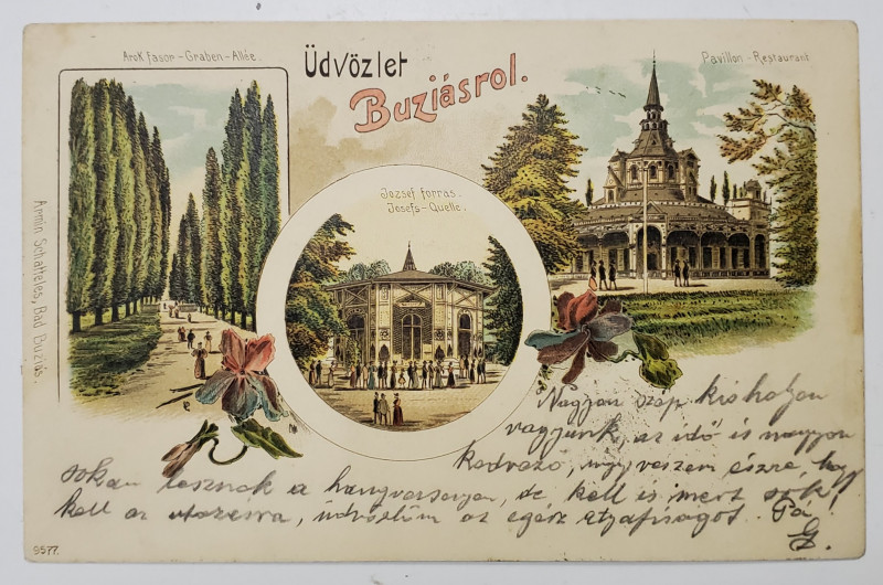 UDVOZLET - BUZIASROL -  BUZIAS , GRABEN ALLE , JOSEFS - QUELLE , RESTAURANT , CARTE POSTALA ILUSTRATA  CLASICA , CROMOLITOGRAFIE , 1899