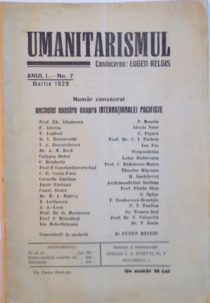 UMANITARISMUL, de EUGEN RELGIS, ANUL I, NO.7, MARTIE 1929