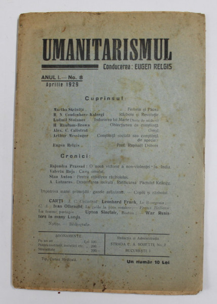 UMANITARISMUL , REVISTA , ANUL I , NR. 8 , APRILIE , 1929 , PREZINTA PETE SI URME DE UZURA