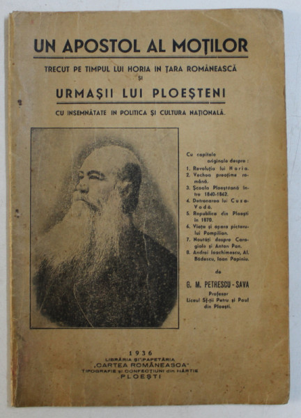 UN APOSTOL AL MOTILOR TRECUT PE TIMPUL LUI HORIA IN TARA ROMANEASCA SI URMASII LUI PLOESTENIde G.M. PETRESCU - SAVA  , 1936
