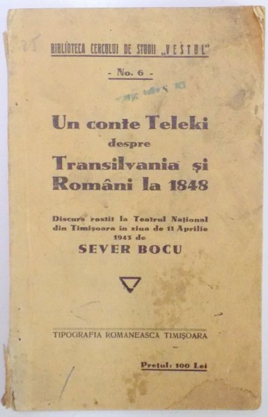 UN CONTE TELEKI DESPRE TRANSILVANIA SI ROMANIA LA 1848 de SEVER BOCU