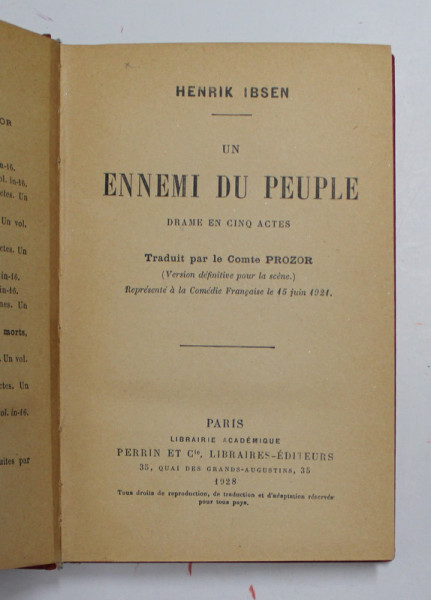 UN ENNEMI DU PEUPLE - DRAME EN CINQ ACTES par HENRIK IBSEN , 1928