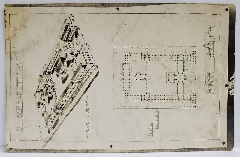 UN SEMINAR TEOLOGIC , PERSPECTIVA SI PLANUL ETAJULUI  I , PROIECT DE ARHITECTURA FOTOREPRODUS , CARTE POSTALA , INTERBELICA