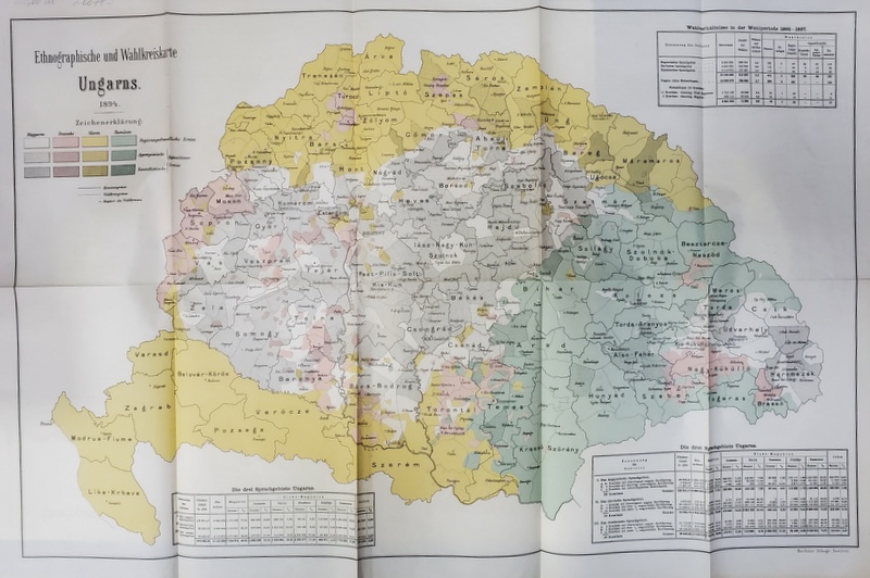UNGARIA , HARTA  ETNOGRAFICA SI IMPARTIREA ALEGATORILOR , DENUMIRI IN LIMBA MAGHIARA , TABELE CU TEXT IN GERMANA , 1897