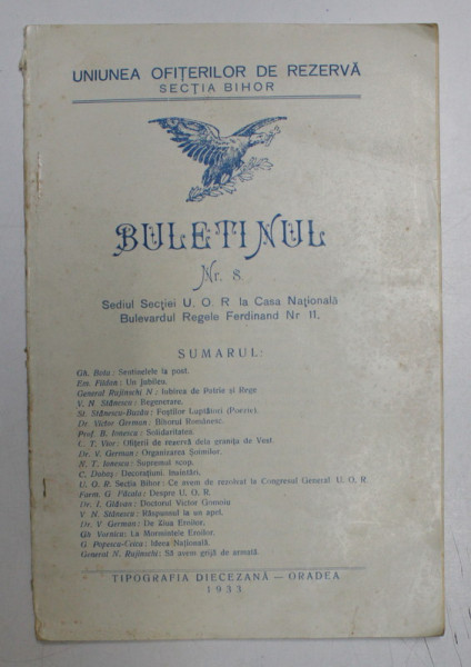 UNIUNEA OFITERILOR DE REZERVA - SECTIA BIHOR - BULETINUL NR. 8 , 1933
