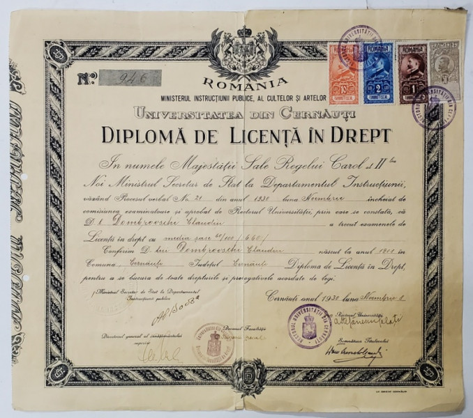 UNIVERSITATEA DIN CERNAUTI , DIPLOMA DE LICENTA IN DREPT , 1930