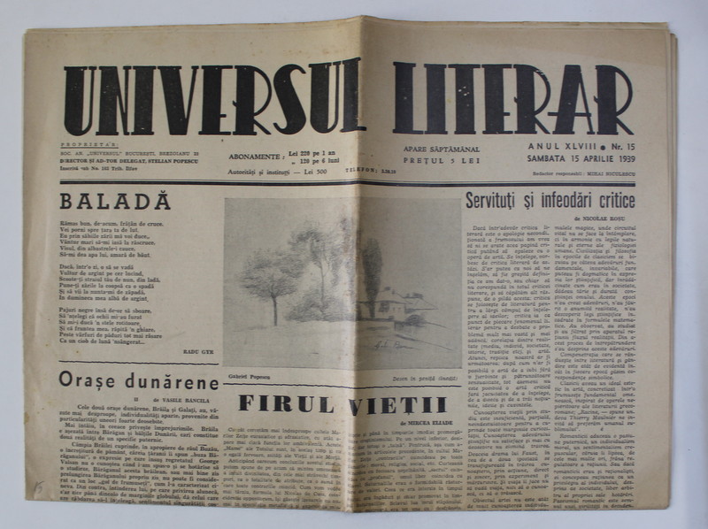 UNIVERSUL LITERAR , ANUL XLVIII , NR. 15 , SAMBATA 15 APRILIE , 1939
