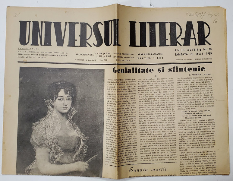 UNIVERSUL LITERAR , CONTINE ARTICOL SCRIS DE NICHIFOR CRAINIC , POEZII DE DIMITRIE STELARU si V. VOICULESCU , SAPTAMANAL , ANUL XLVIII , NR. 20 , SAMBATA , 20 MAI , 1939