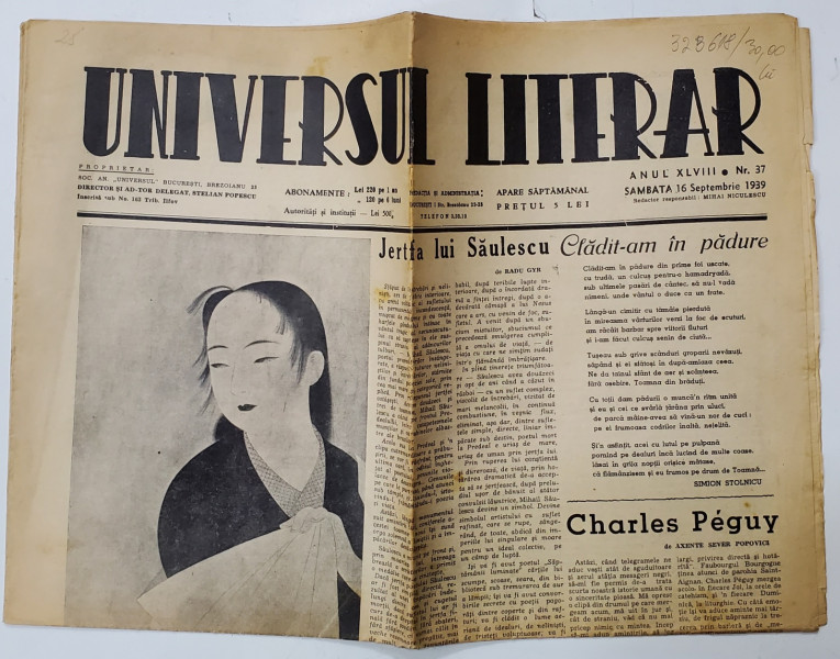 UNIVERSUL LITERAR , CONTINE ARTICOLE DE RADU GYR , EMIL BOTTE , SAPTAMANAL , ANUL XLVIII , NR. 37 , SAMBATA , 16  SEPTEMBRIE , 1939