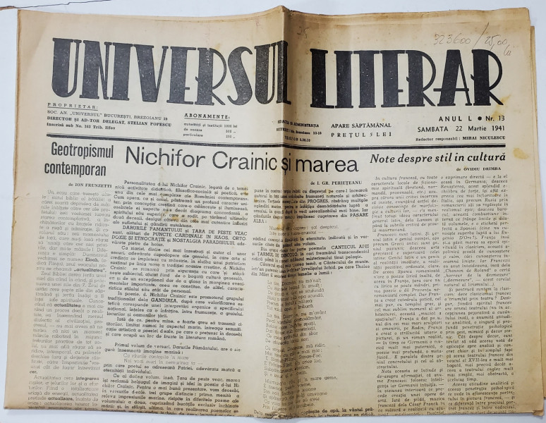 UNIVERSUL LITERAR , SAPTAMANAL , ANUL L, NR. 13 , SAMBATA , 22 MARTIE , 1941