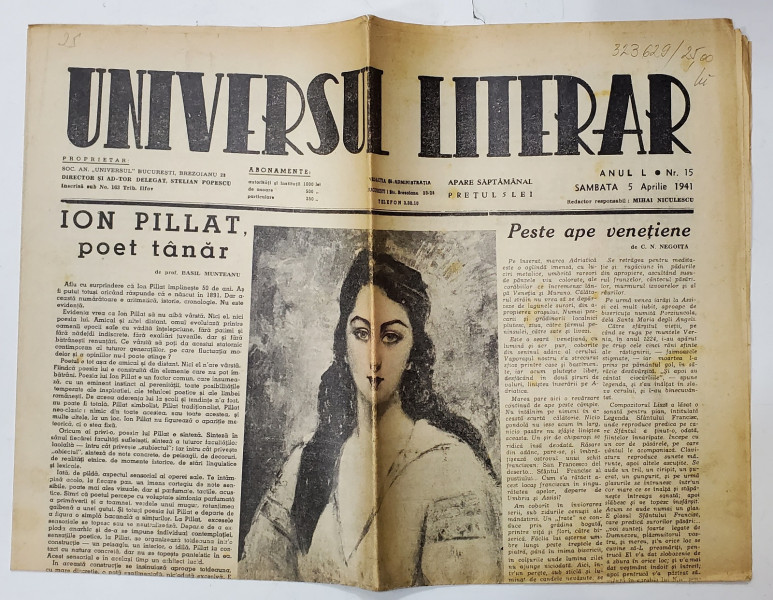 UNIVERSUL LITERAR , SAPTAMANAL , ANUL L , NR. 15 , SAMBATA , 5 APRILIE  , 1941
