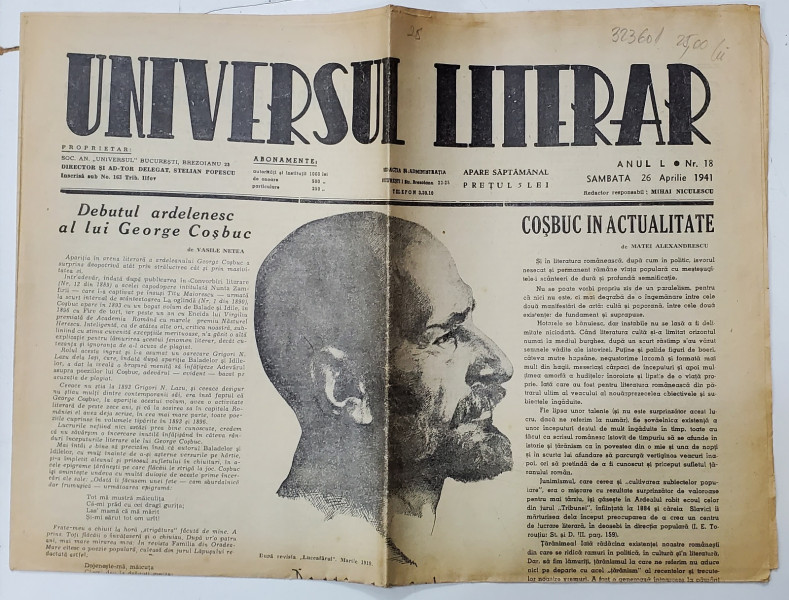 UNIVERSUL LITERAR , SAPTAMANAL , ANUL L, NR. 18 , SAMBATA , 26 APRILIE  , 1941