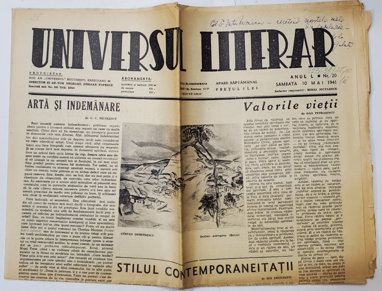 UNIVERSUL LITERAR , SAPTAMANAL , ANUL L , NR. 20 , SAMBATA , 10 MAI  , 1941
