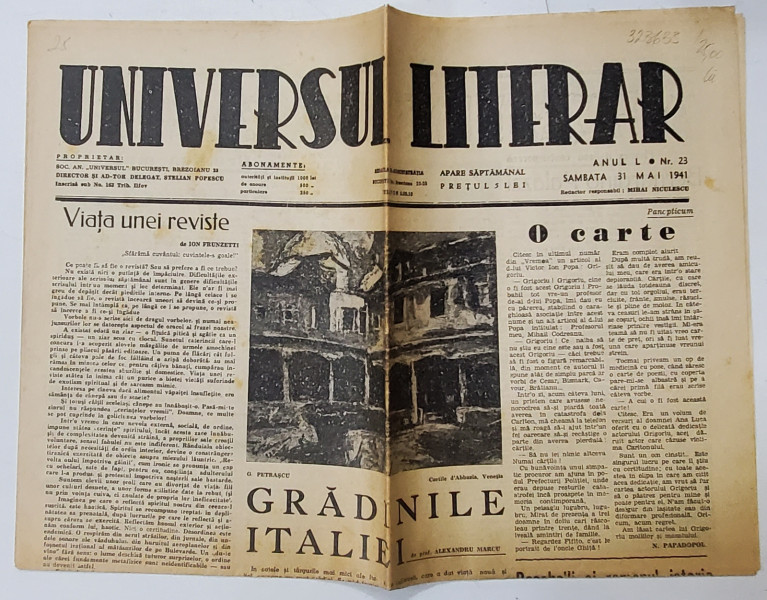 UNIVERSUL LITERAR , SAPTAMANAL , ANUL L , NR. 23 , SAMBATA , 31 MAI  , 1941