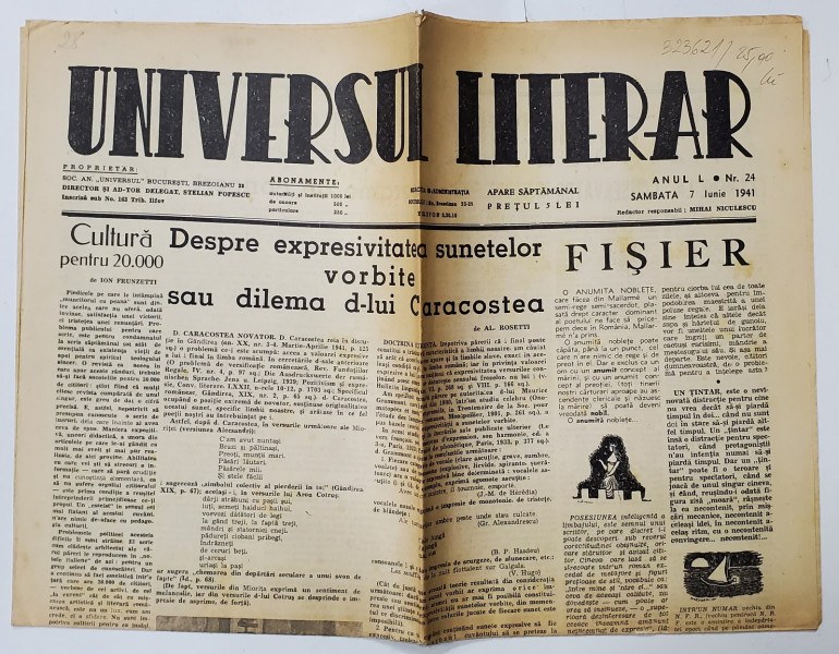 UNIVERSUL LITERAR , SAPTAMANAL , ANUL L , NR. 24 , SAMBATA , 7 IUNIE , 1941