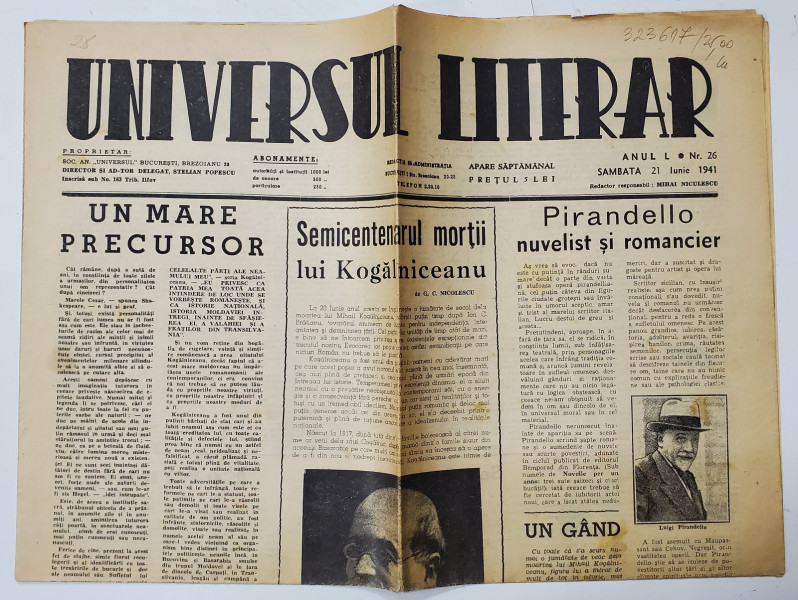 UNIVERSUL LITERAR , SAPTAMANAL , ANUL L , NR. 26 , SAMBATA , 21 IUNE , 1941
