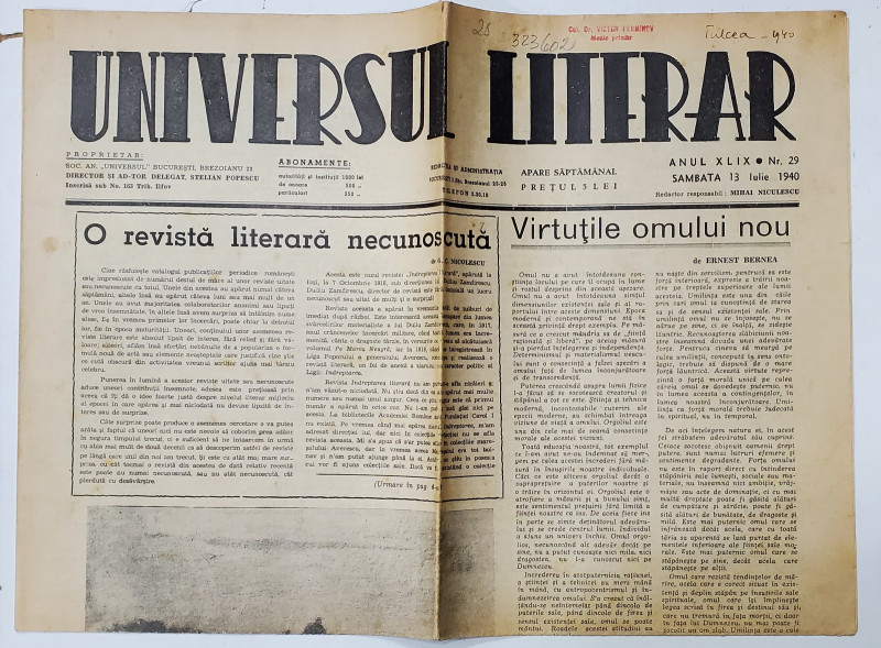 UNIVERSUL LITERAR , SAPTAMANAL , ANUL L, NR. 29 , SAMBATA , 13 IULIE  , 1940