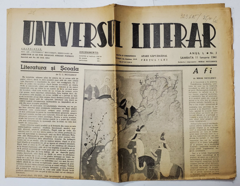 UNIVERSUL LITERAR , SAPTAMANAL , ANUL L , NR. 3 , SAMBATA , 11 IANUARIE  ,  1941