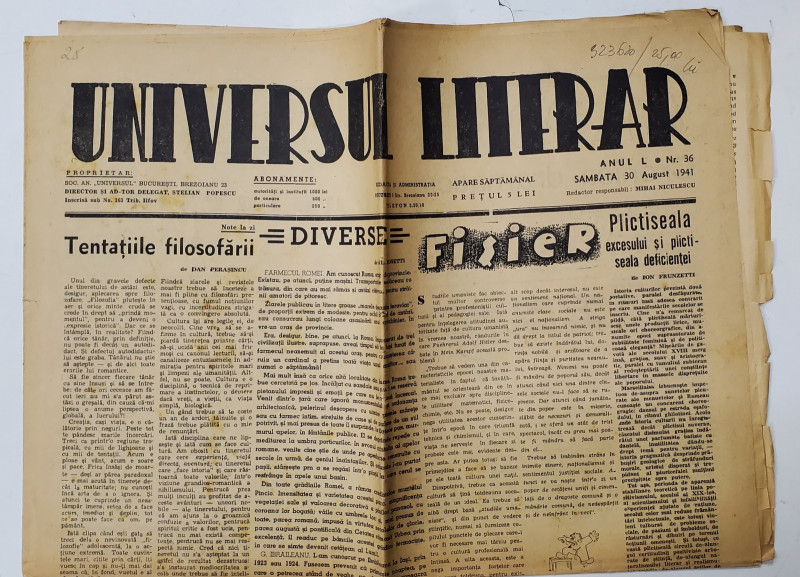 UNIVERSUL LITERAR , SAPTAMANAL , ANUL L , NR. 36 , SAMBATA , 30  AUGUST , 1941