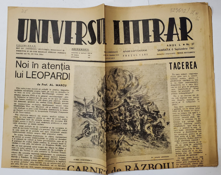 UNIVERSUL LITERAR , SAPTAMANAL , ANUL L , NR. 37  , SAMBATA , 6 SEPTEMBRIE  , 1941