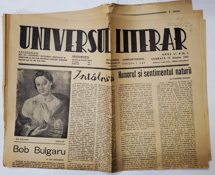 UNIVERSUL LITERAR , SAPTAMANAL , ANUL LI  , NR. 2 , SAMBATA , 10 IANUARIE , 1942