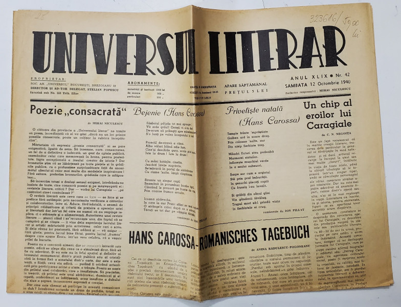 UNIVERSUL LITERAR , SAPTAMANAL , ANUL XLIX , NR. 47 , SAMBATA , 12 OCTOMBRIE  ,  1940