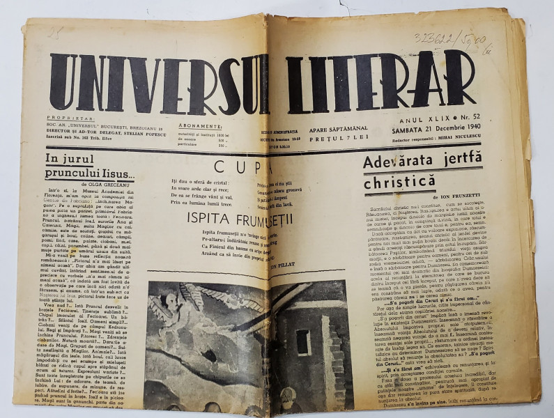 UNIVERSUL LITERAR , SAPTAMANAL , ANUL XLIX , NR. 52 , SAMBATA , 21 DECEMBRIE  , 1940