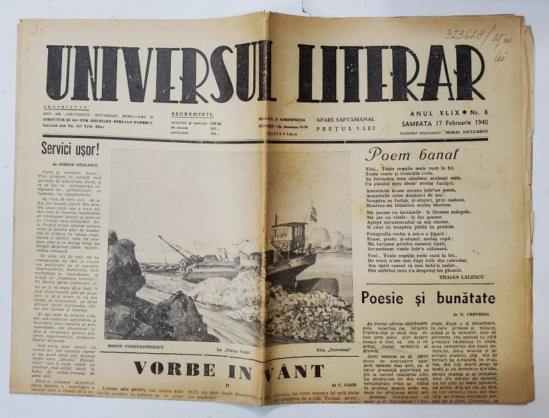 UNIVERSUL LITERAR , SAPTAMANAL , ANUL XLIX, NR. 8 , SAMBATA , 17 FEBRUARIE  , 1940