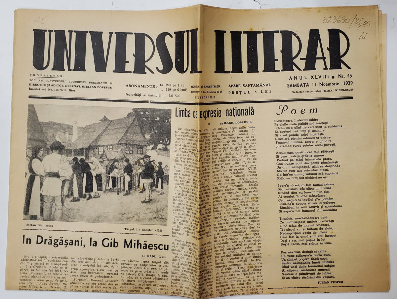 UNIVERSUL LITERAR , SAPTAMANAL , ANUL XLVIII , NR. 45 , SAMBATA , 11 NOIEMBRIE  , 1939