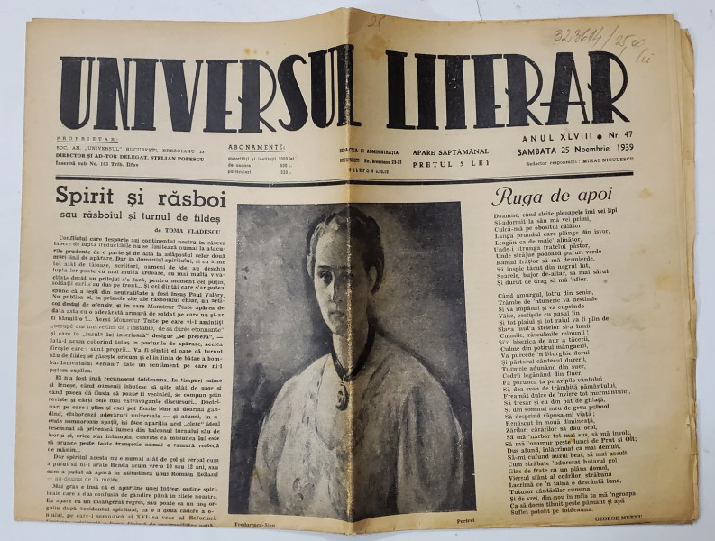 UNIVERSUL LITERAR , SAPTAMANAL , ANUL XLVIII , NR. 47 , SAMBATA , 25 NOIEMBRIE ,  1939