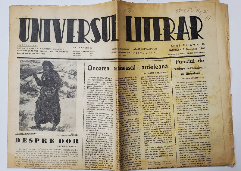 UNIVERSUL LITERAR , SAPTAMANAL , CONTINE  ARTICOL DESPRE JERTFA LUI ION MOTA  , ANUL XLIX, NR. 46 , SAMBATA , 9 NOIEMBRIE   , 1940