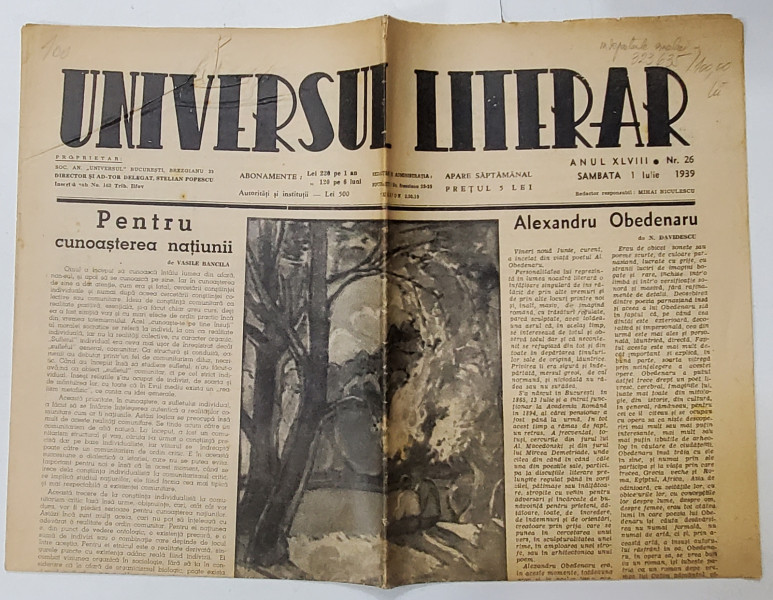 UNIVERSUL LITERAR , SAPTAMANAL , CONTINE ARTICOLE DE MIRCEA ELIADE , VASILE BANCILA , ETC.  , ANUL XLVIII , NR. 26 , SAMBATA , 1 IULIE  , 1939