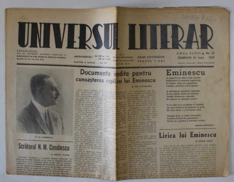 UNIVERSUL LITERAR , ZIAR CU APARITIE SAPTAMANALA , NR. 25 , 24 IUNIE , CONTINE ARTICOLE de  : MIRCEA ELIADE , STEFAN NENITESCU , TUDOR VIANU , ETC. ,   1939