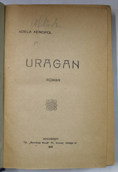 URAGAN , roman de ADELA XENOPOL , 1922