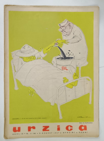 URZICA , REVISTA BILUNARA DE SATIRA SI UMOR , NR. 15 , coperta de CIK DAMADIAN , 1957