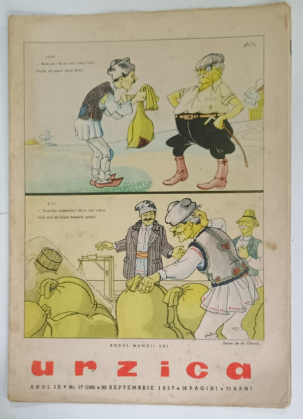 URZICA , REVISTA BILUNARA DE SATIRA SI UMOR , NR. 17 , coperta de AL. CLENCIU  , 1957