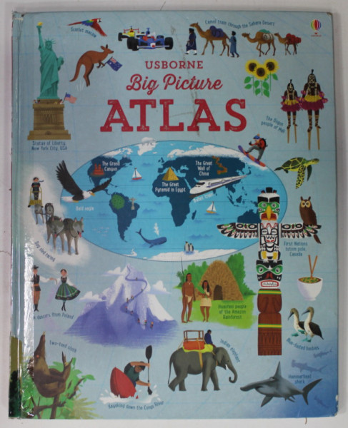 USBORNE BIG PICTURE ATLAS by EMILY BONE , illustrated by DANIEL TAYLOR , 2016 , COTOR  LIPIT CU SCOTCH