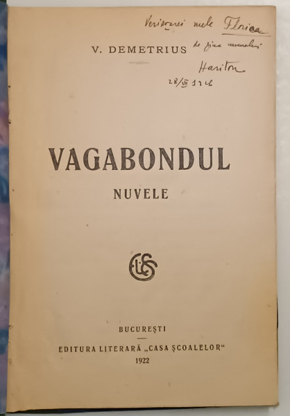 VAGABONDUL , NUVELE de V. DEMETRIUS , 1922