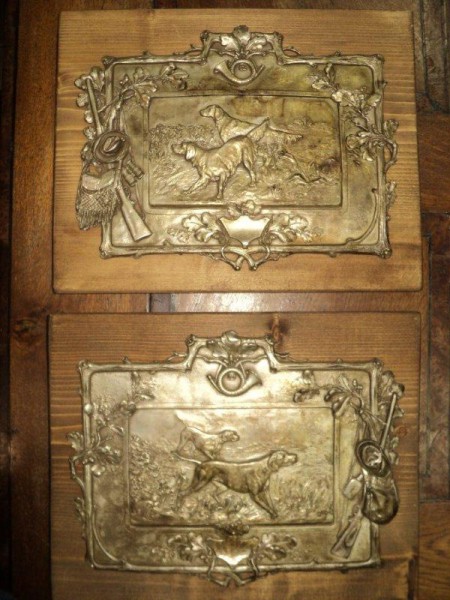 Vanatoare, panouri decorative metal argintat pe lemn, cca 1900