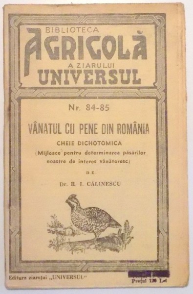 VANATUL CU PENE DIN ROMANIA, CHEIE DICHOTOMICA, NR. 84-85 de DR. R. I. CALINESCU , 1938