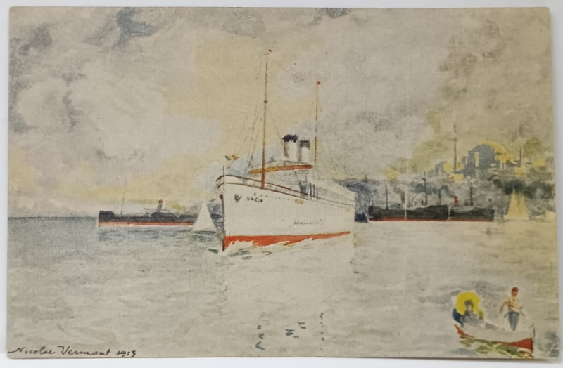 VAPORUL ' DACIA ' IN LARG , LUCRARE SEMNATA DE NICOLAE VERMONT , REPRODUCERE PE CARTE POSTALA , 1913