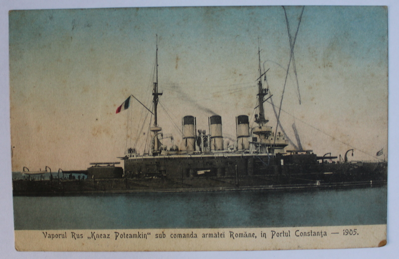 VAPORUL RUS  ' KNEAZ POTEMKIN ' SUB COMANDA ARMATEI ROMANE , IN PORTUL CONSTANTA  - 1905 , CARTE POSTALA ILUSTRATA , POLICROMA, CIRCULATA , CLASICA , DATATA 1905