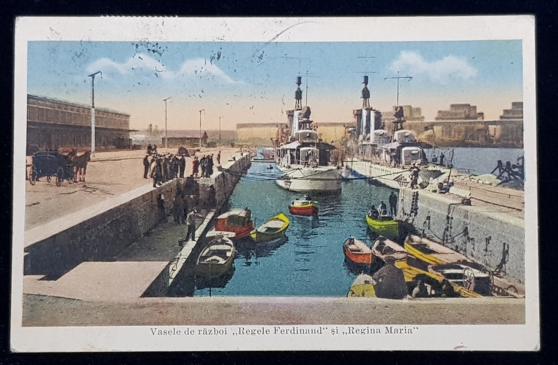 VASELE DE RAZBOI  REGELE FERDINAND si REGINA MARIA , IN PORTUL CONSTANTA , CARTE POSTALA ILUSTRATA , POLICROMA, CIRCULATA , DATATA 9 MAI 1935