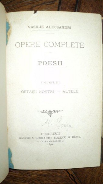 Vasile Alecsandri, Opere complete, Poezii Vol. III, Bucuresti 1896