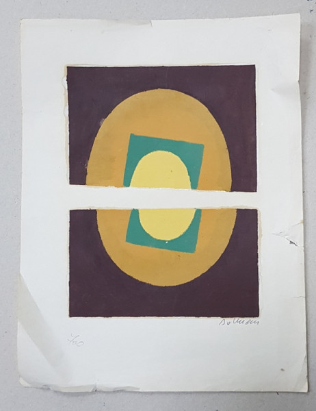 VASILE DOBRIAN ( 1912 - 1999 ) , GRAVURA POLICROMA , CU FORME GEOMETRICE ,  SEMNATA OLOGRAF , 1991