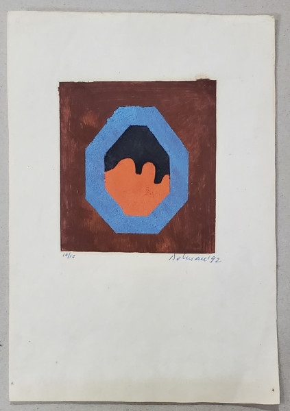 VASILE DOBRIAN ( 1912 - 1999 ) , GRAVURA POLICROMA , NR. 10 DIN 10 ,  CU FORME GEOMETRICE ,  SEMNATA OLOGRAF , 1992